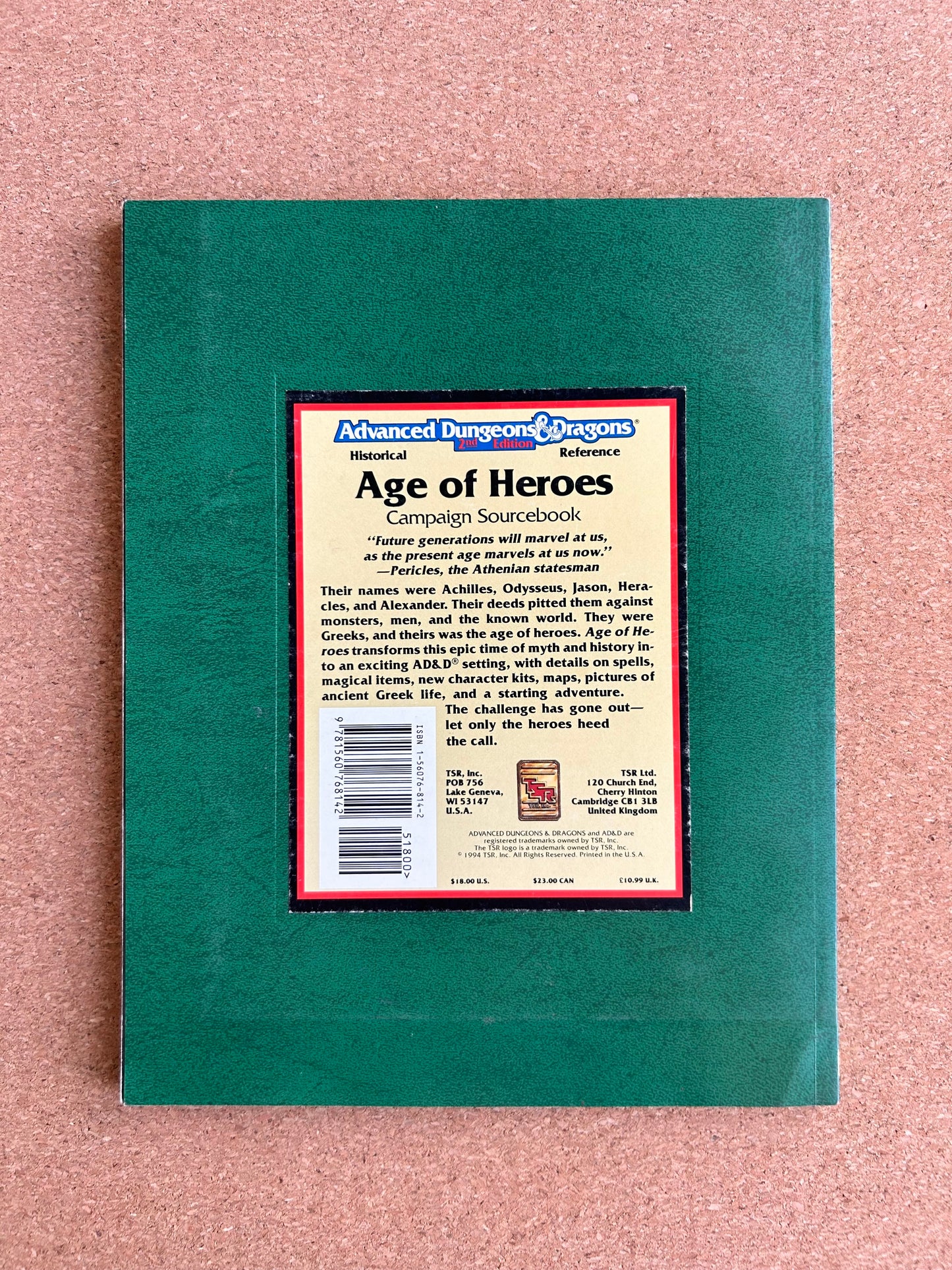 Advanced Dungeons & Dragons Historical Reference - Age of Heroes Campaign Sourcebook - TSR9408 - Paperback (1994) with Map