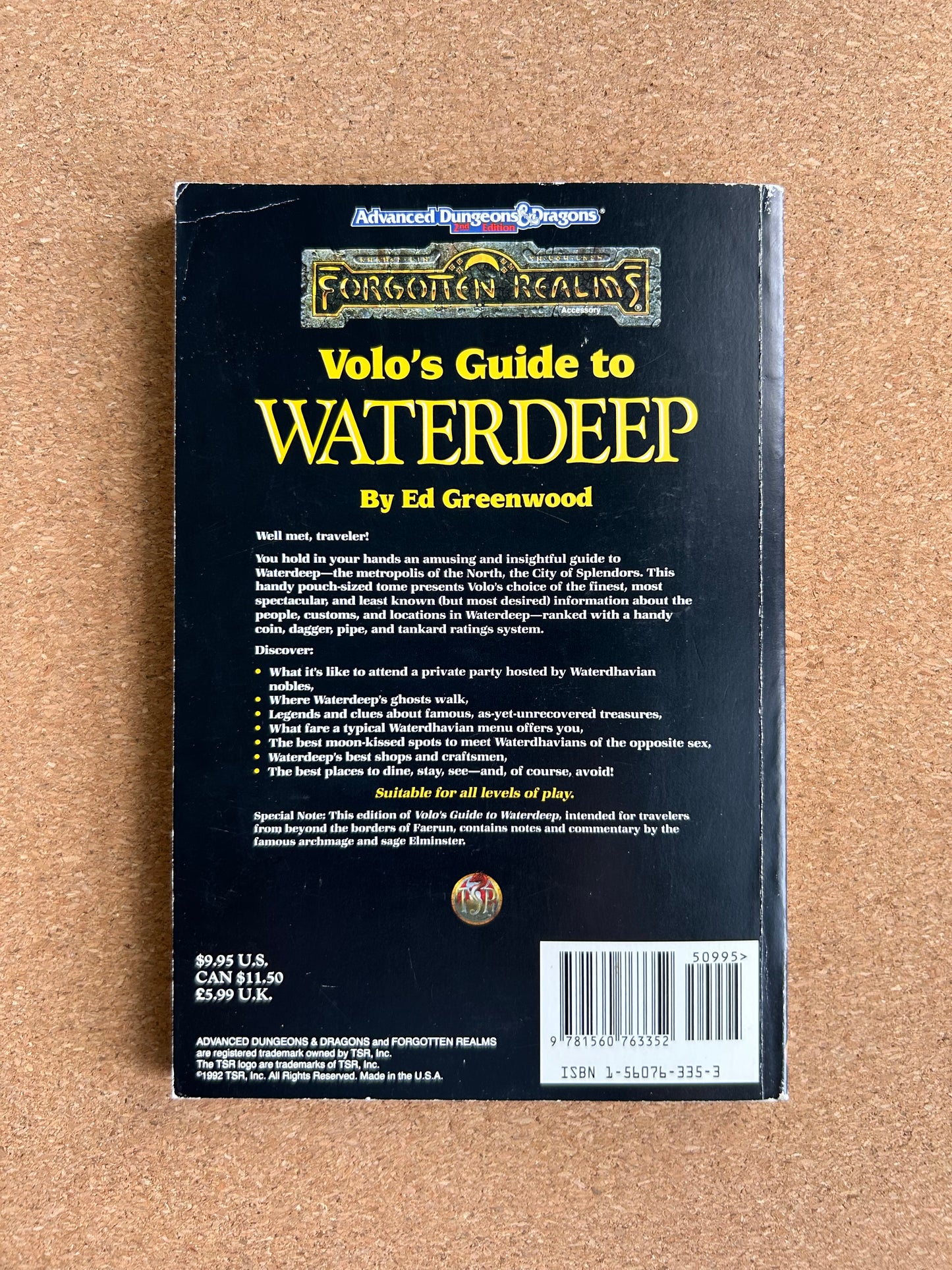 Advanced Dungeons & Dragons Forgotten Realms - Volo’s Guide to Waterdeep TSR9379 - Paperback (1992) - No Map